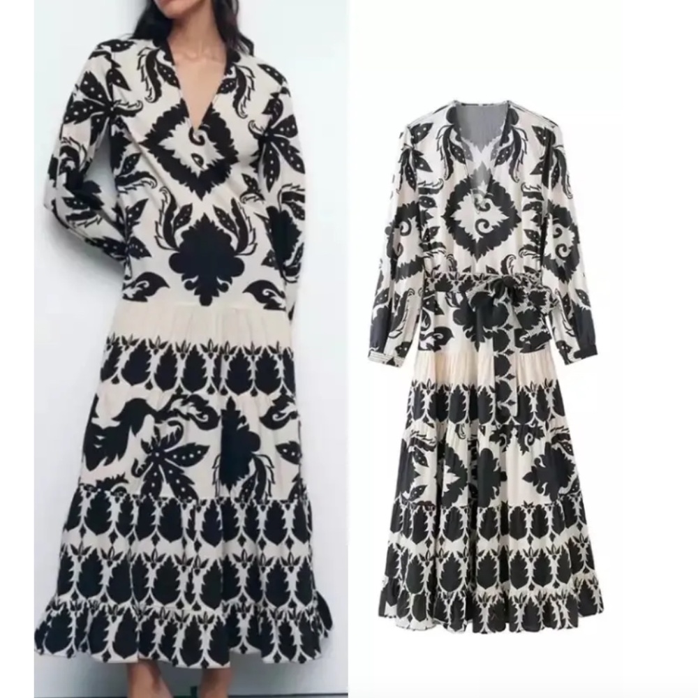 Zara Black & Cream Printed Long Sleeve Midi Dress